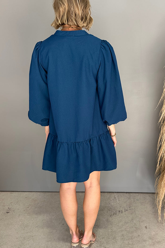 Navy Blue Floral Embroidered Puff-Sleeve Tiered Mini Dress