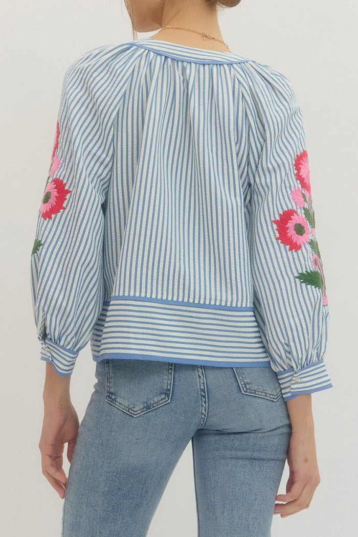 Stripe Floral Embroidered Top