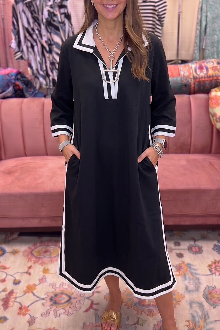 Black White Contrast Trim Polo Dress