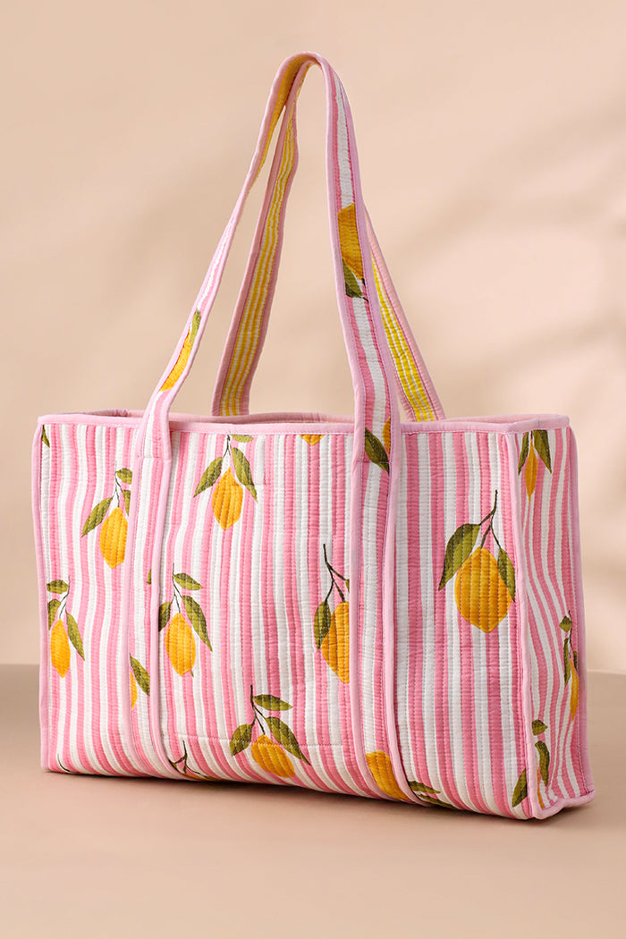 Striped Lemon Print Tote Bag