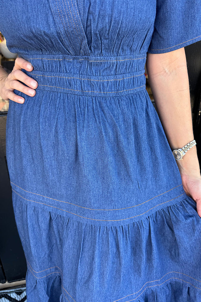 Denim Smocked Waist Tiered Dress