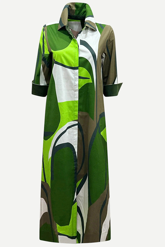 Green Print 3/4 Sleeve Pocket Dress