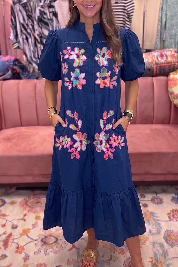 Navy Floral Puff Sleeve Pocket Dress