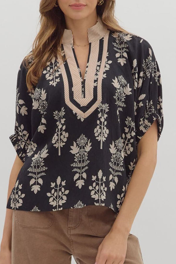 Striped Trimmed Floral Top