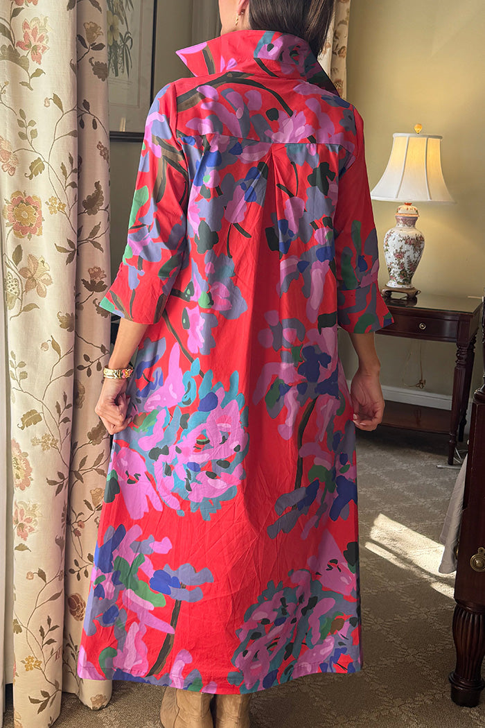 Watercolor Floral Collared Pocket Maxi Shirt Dress