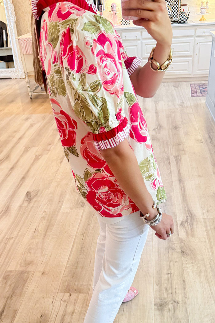 Casual Contrast Trim Flower Top