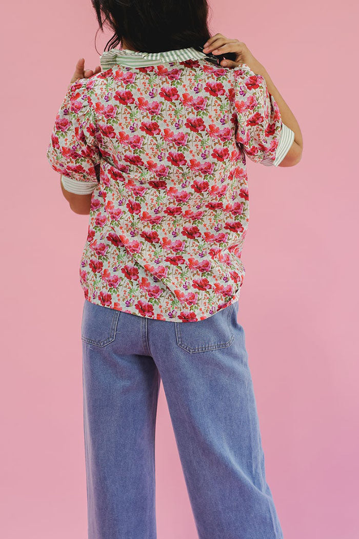Striped Ruffle Collar Floral Top