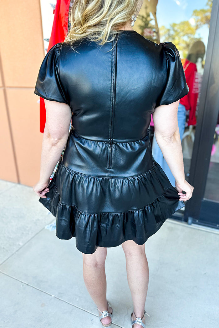 Twist-Front Puff-Sleeve Tiered Mini Dress