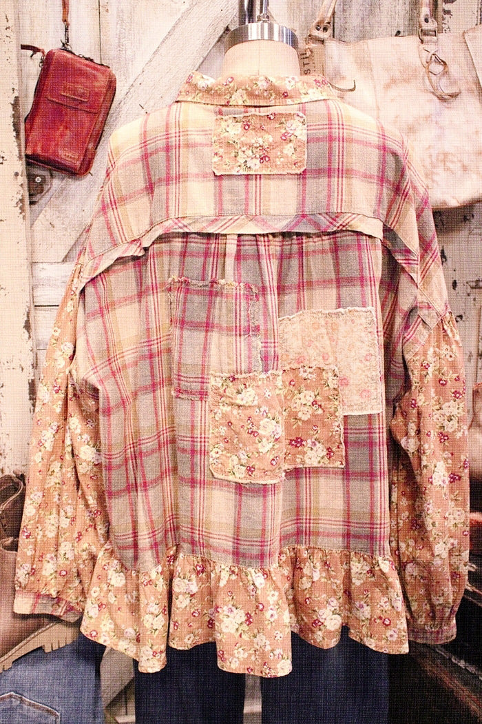 Oversized Plaid Floral Patchwork Puff Sleeve Top