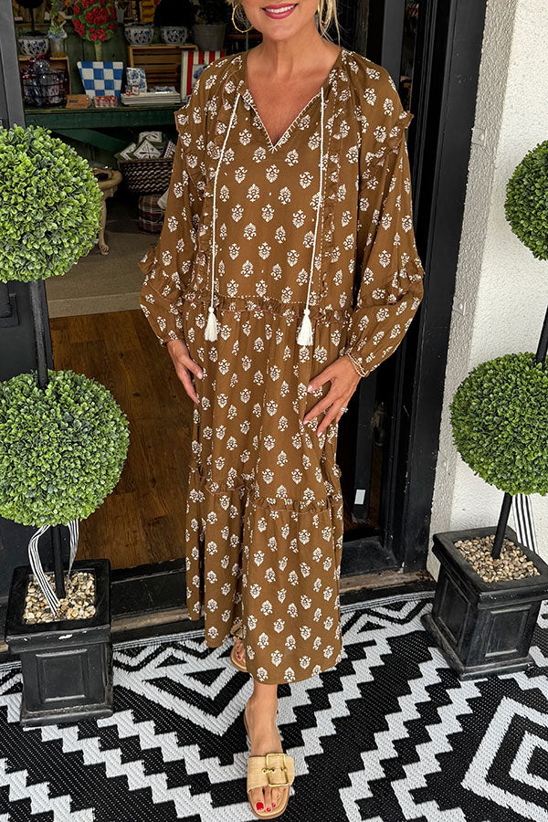brown maxi dress with ruffles Silvia Ruffle Maxi Dress- Brown