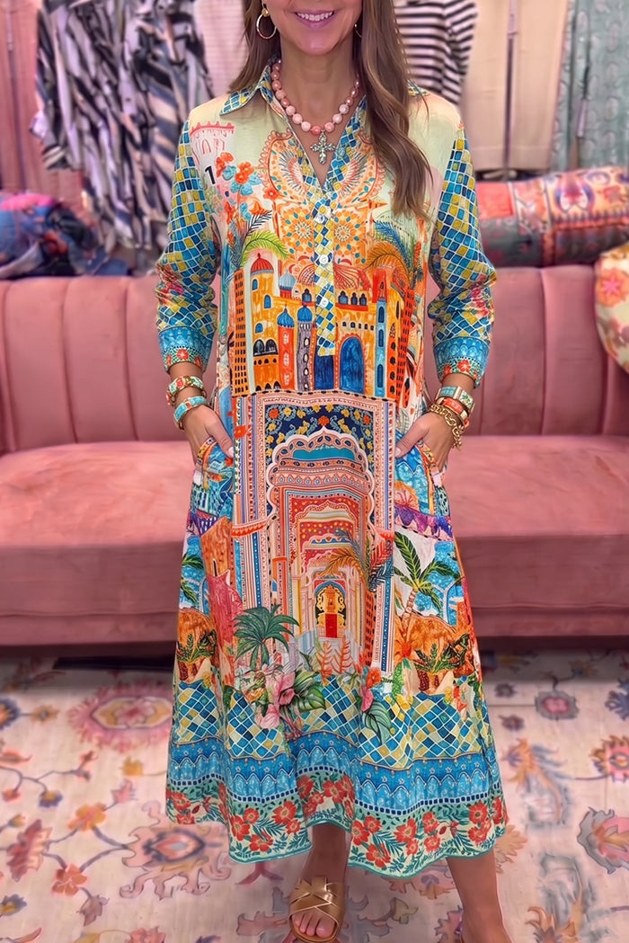 Long Sleeve Print Pocket Maxi Dress