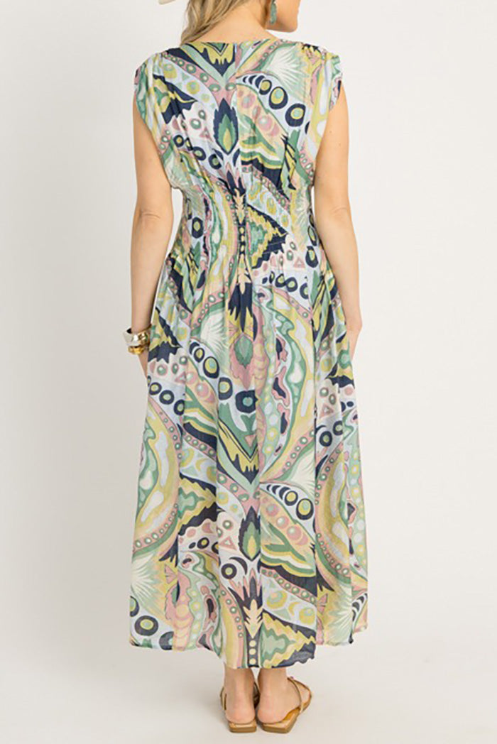 Abstract Print Pleated Front Midi Dress
