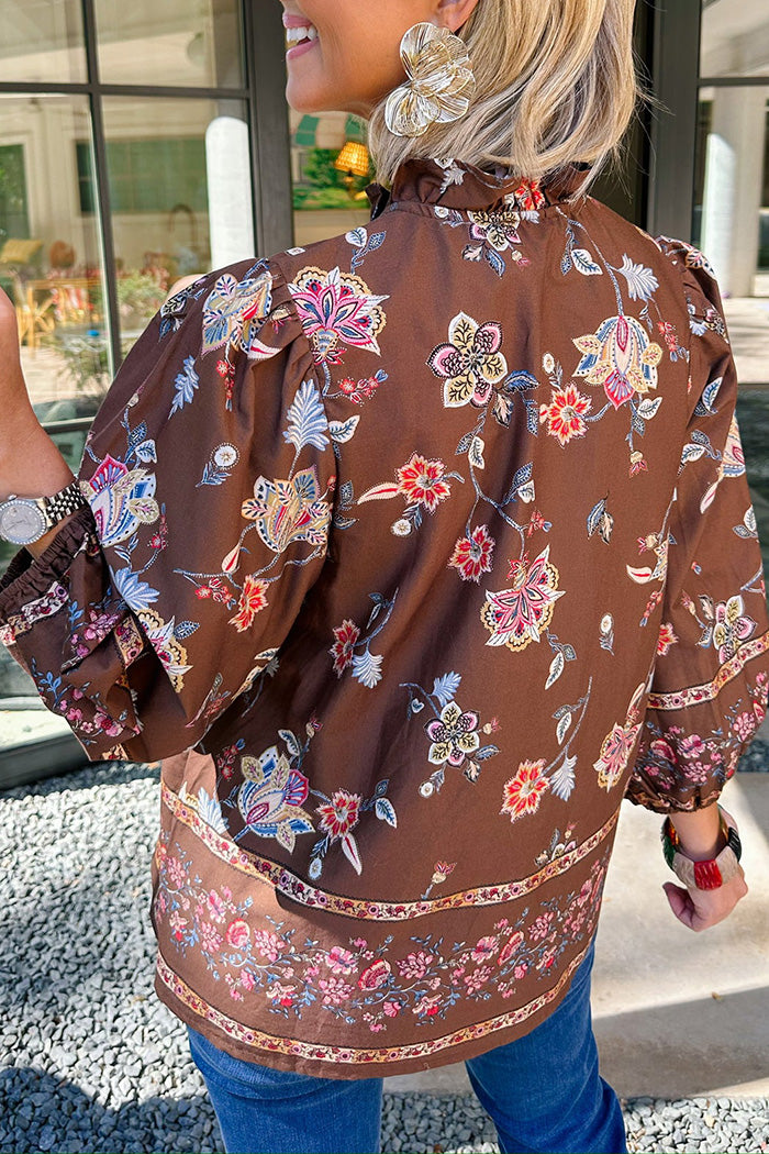 Brown Floral Ruffle Neck Button Front Top