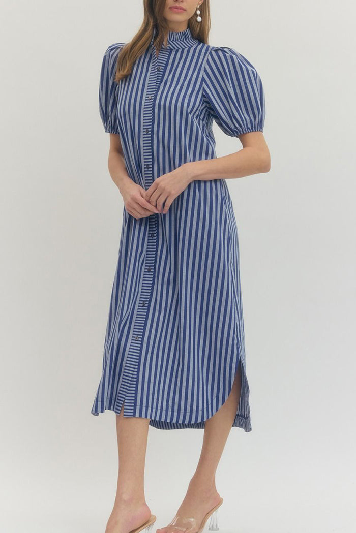 Striped Ruffle Neck Pocket Maxi Dress