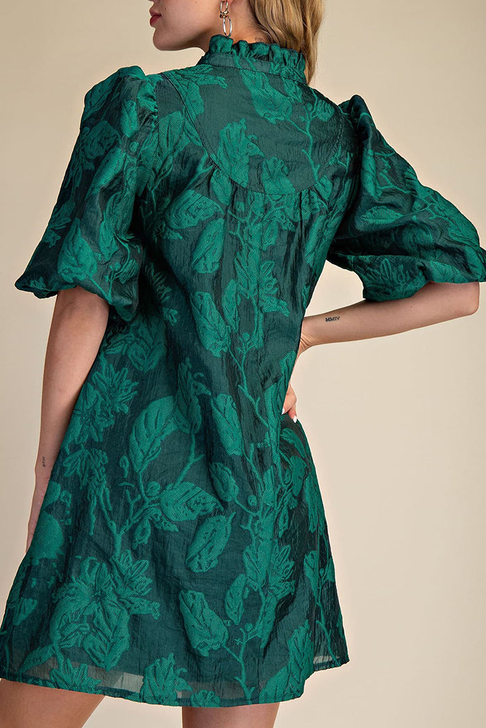 Puff-Sleeve Buttoned Shift Dress