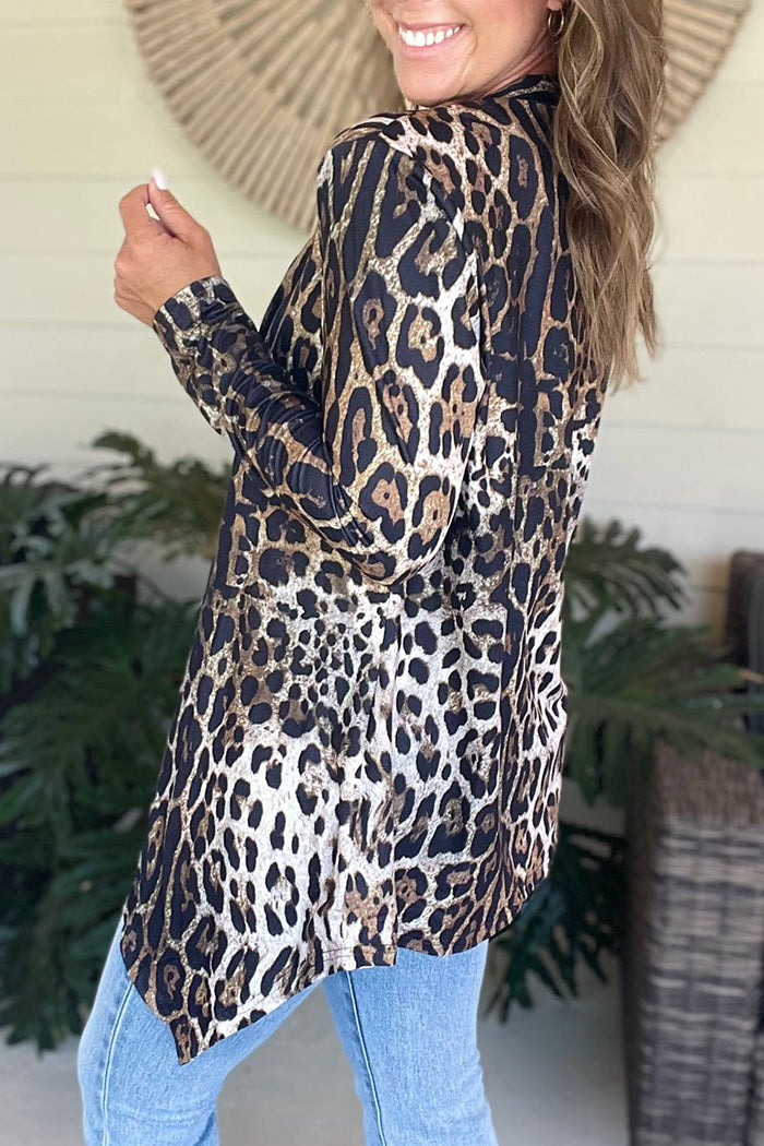 Leopard Print Long Open Front Cardigan