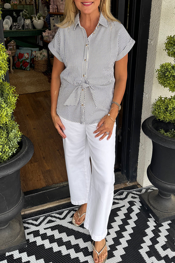Short Sleeve Striped Tie Front Shirt Top