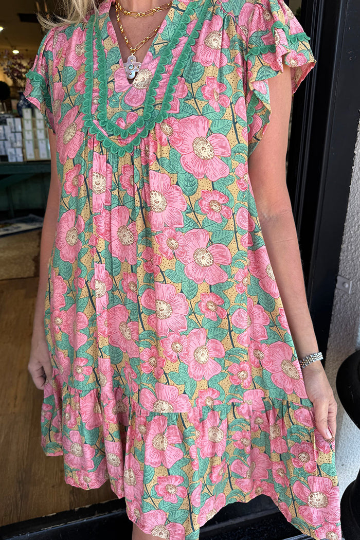 Floral Flutter Sleeve Ruffled Dress