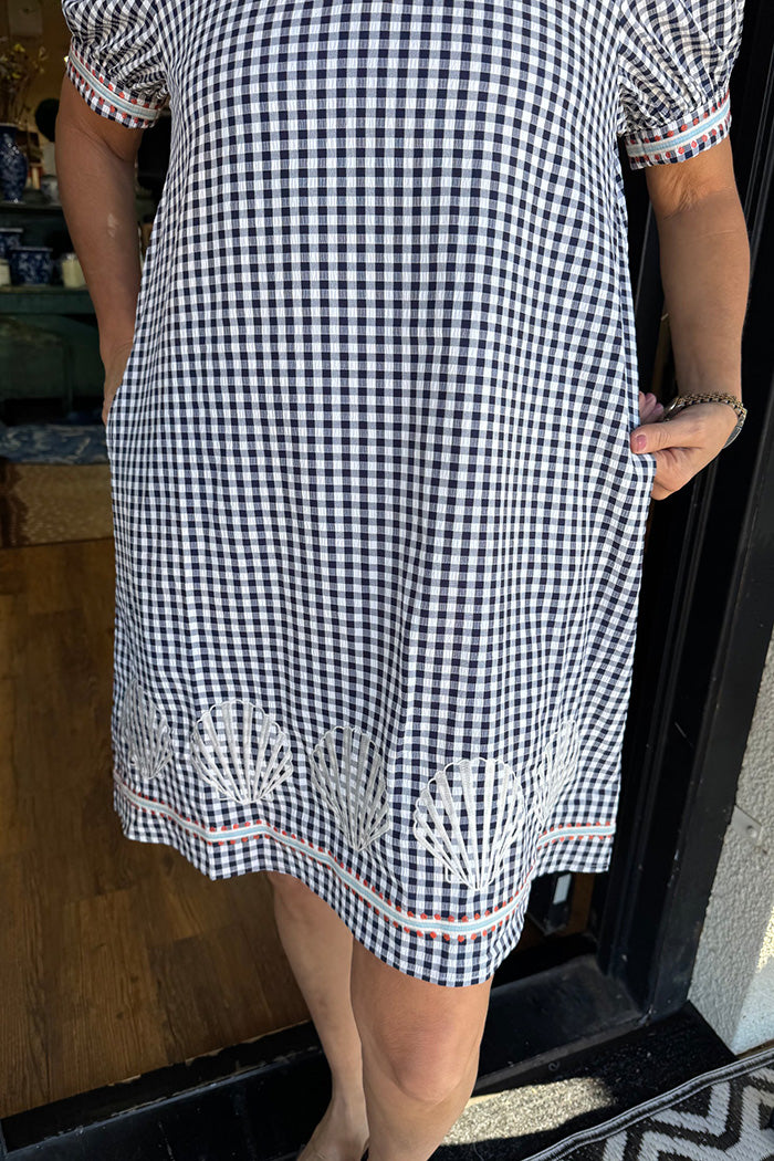 Navy Gingham Puff Sleeve Pocketed Dress