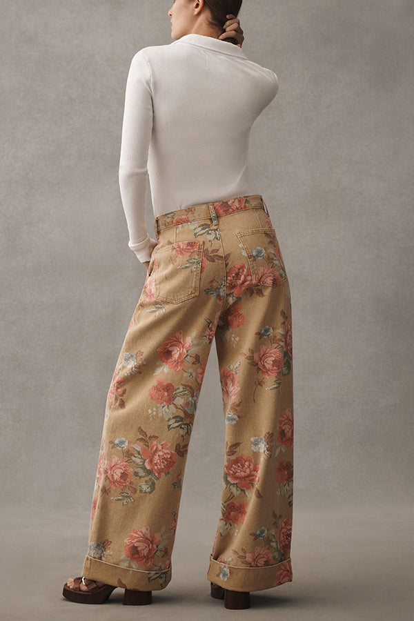Floral Wide-Leg Cuffed Jeans