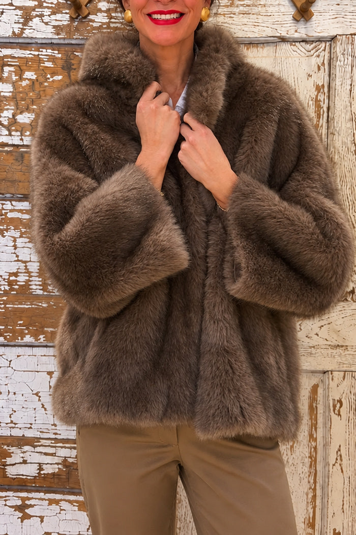 Mocca Stand Collar Faux Fur Coat