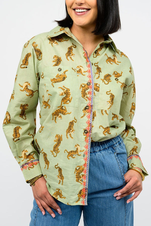 Tiger Embroidered Camp Top