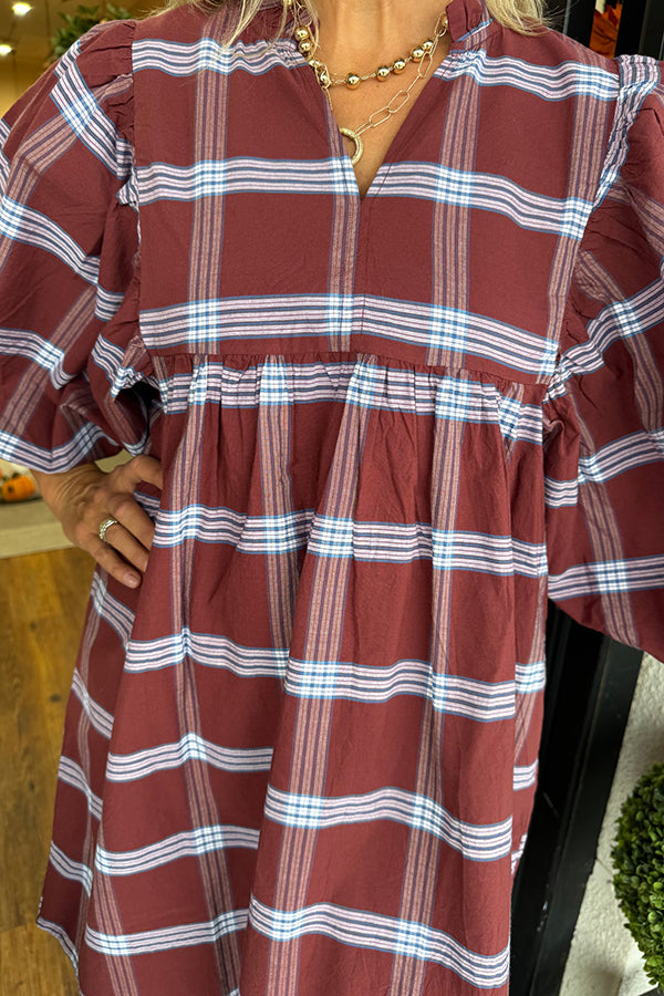 Casual Puff Sleeve Plaid Dress