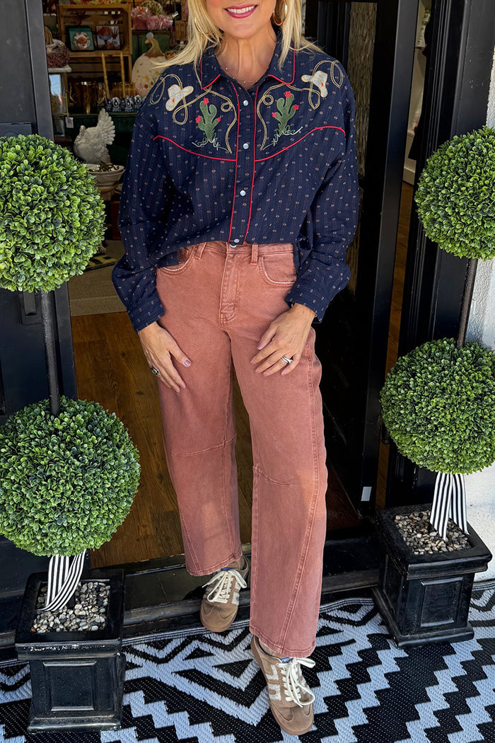 Navy Polka Dot Cactus Embroidered Top