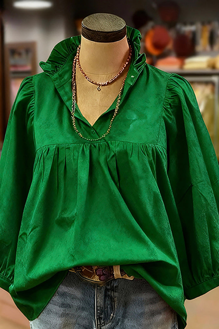 Ruffled V-Neck Puff-Sleeve Blouse