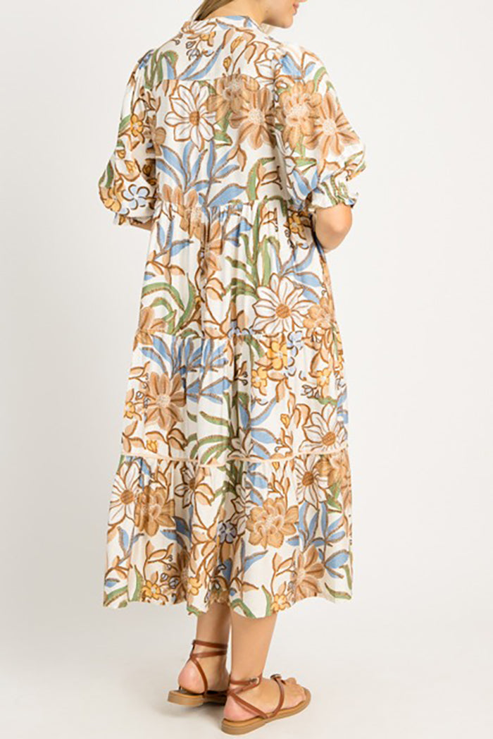 Floral Smocked Sleeve Pockets Dress