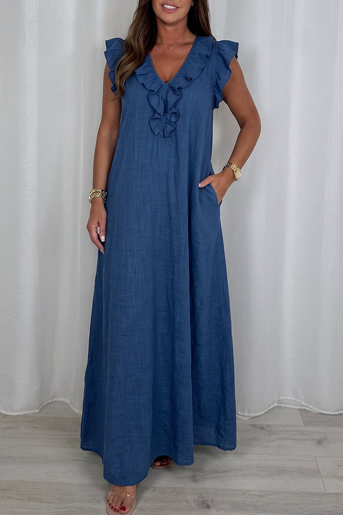 Ruffle Neck Linen Pocket Maxi Dress