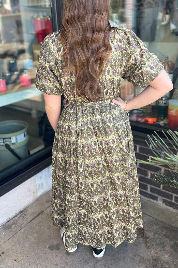 Pocketed Floral Print Belted Puff Sleeve Midi Dress