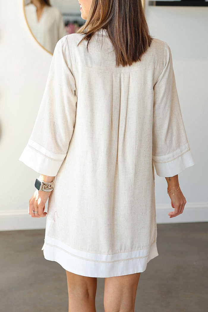 Trim 3/4 Sleeve Pocket Linen Dress