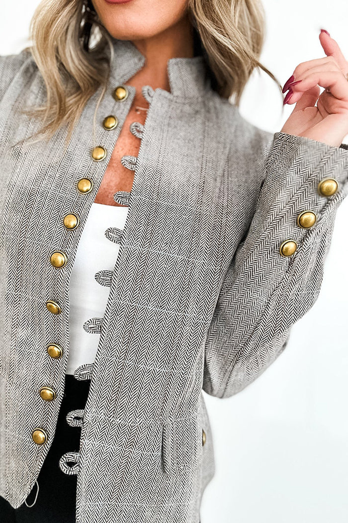 Button-Accented Pocketed Herringbone Blazer