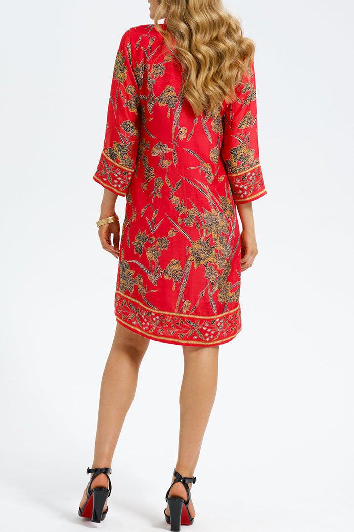 Flora Print Stand Collar Trim Tunic Dress