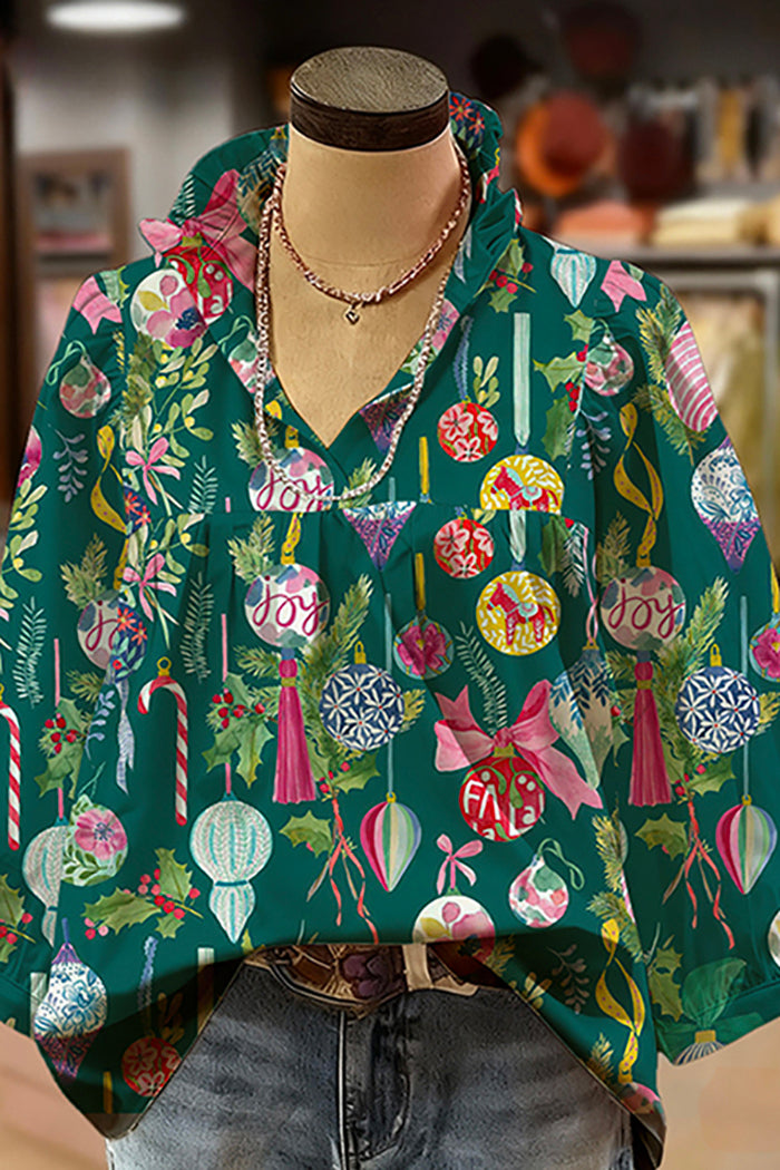 Christmas Print Ruffled V-Neck Puff-Sleeve Blouse