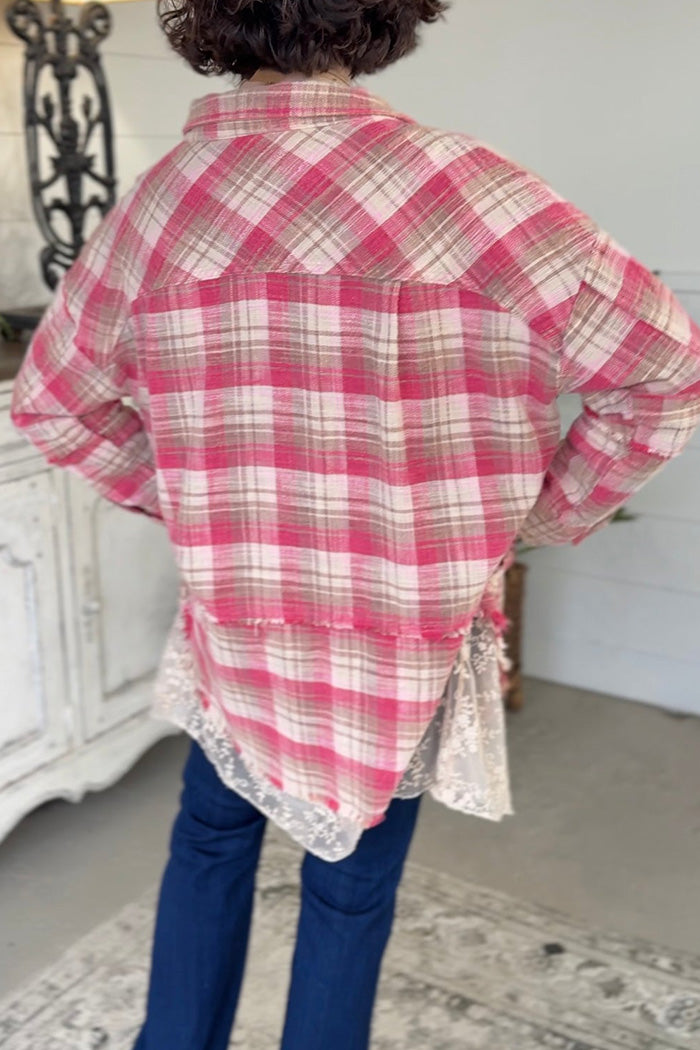 Oversized Pink Plaid Lace Hem Pocket Shacket