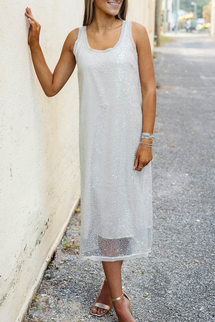 Cream Sequin Sleeveless Midi Dress