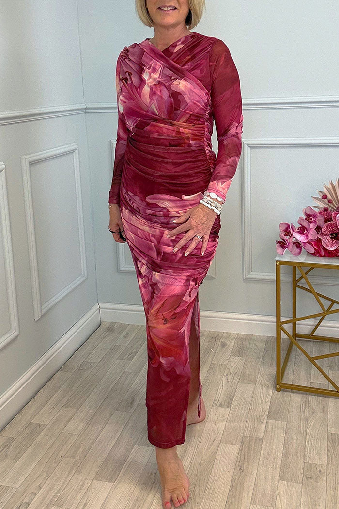 Lily Print Side Slit Long Sleeve Dress