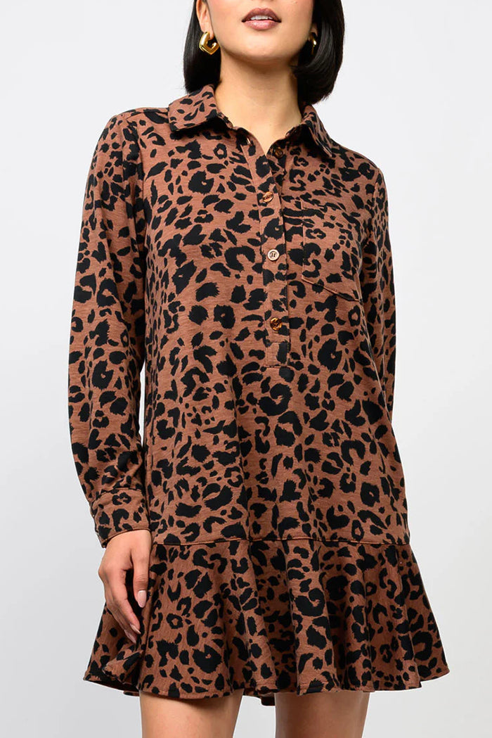 Button Cuff Collar Leopard Knit Shirtdress