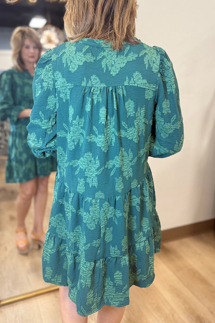 Tiered Long Sleeve Embossed Floral Dress