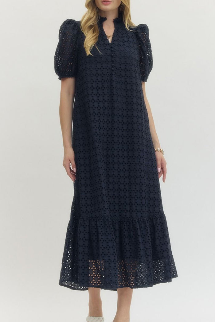 Ruffle Hem Eyelet Puff Sleeve Pocket Maxi Dress
