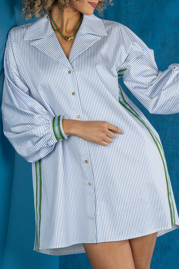 Contrast Trim Puff Sleeve Shirt Dress