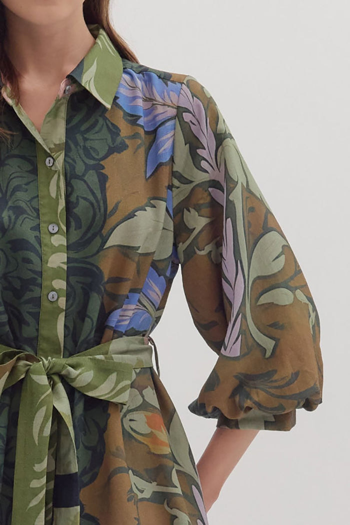 Puff Sleeve Plant Print Dress