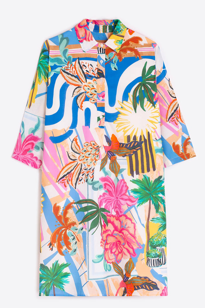 3/4 Sleeve Collared Tropical Printed Pocket Shirt Dress