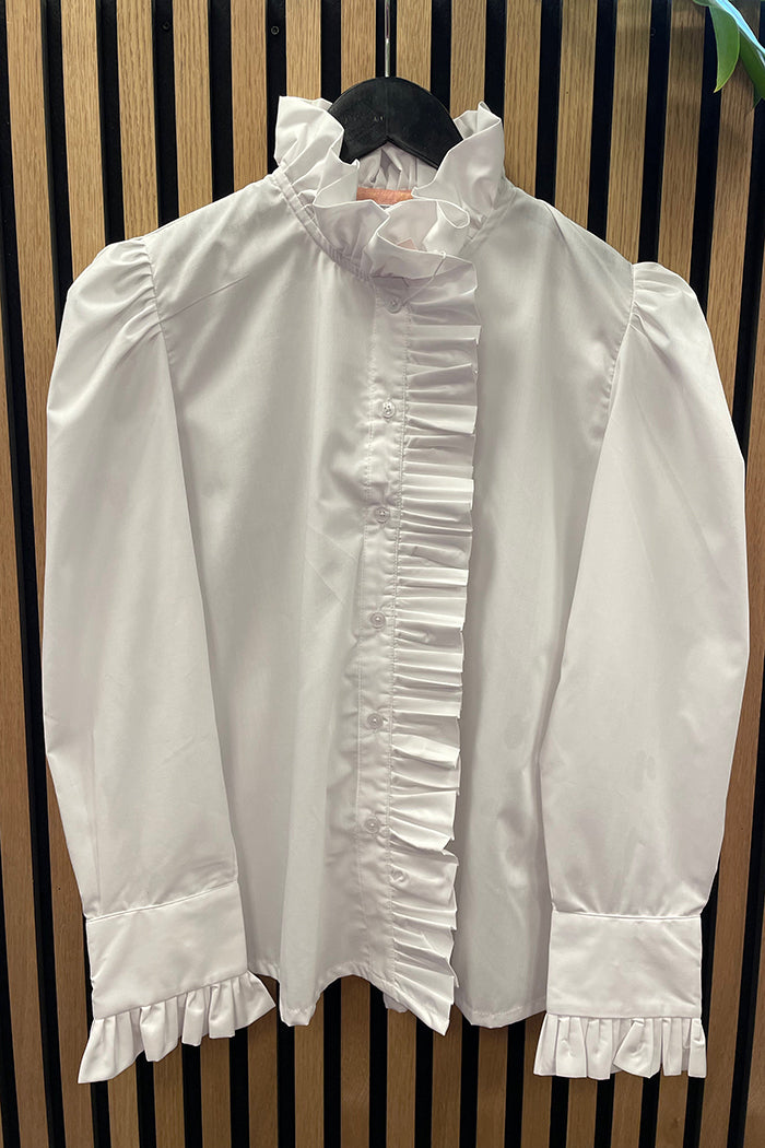 White Ruffled Stand-Collar Puff-Sleeve Blouse