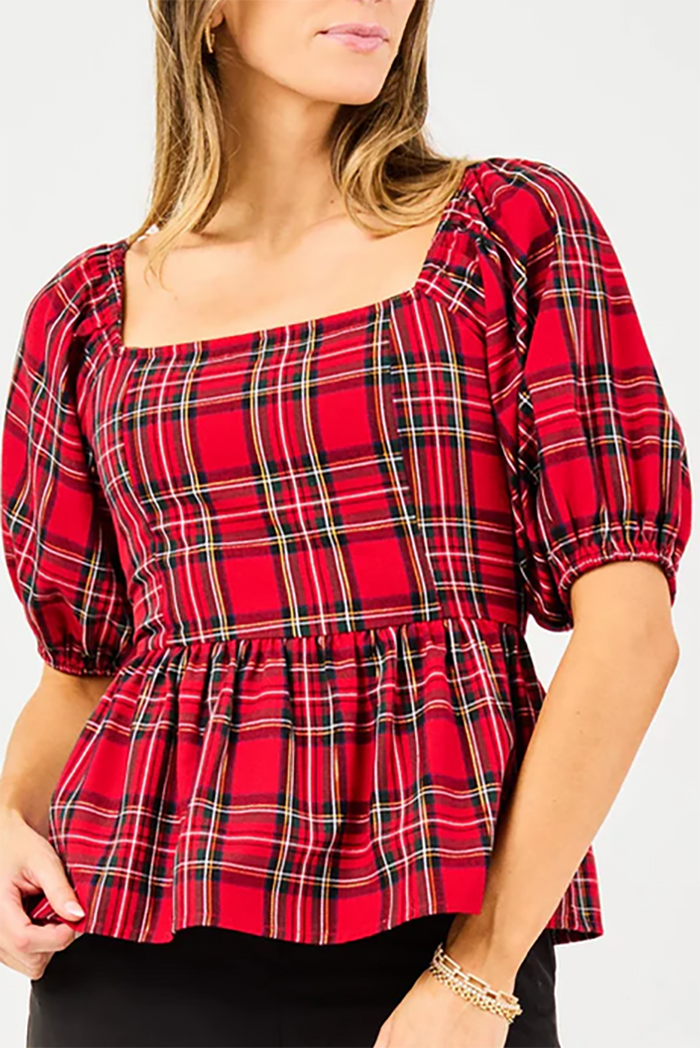 Short Puff Sleeves Plaid Top
