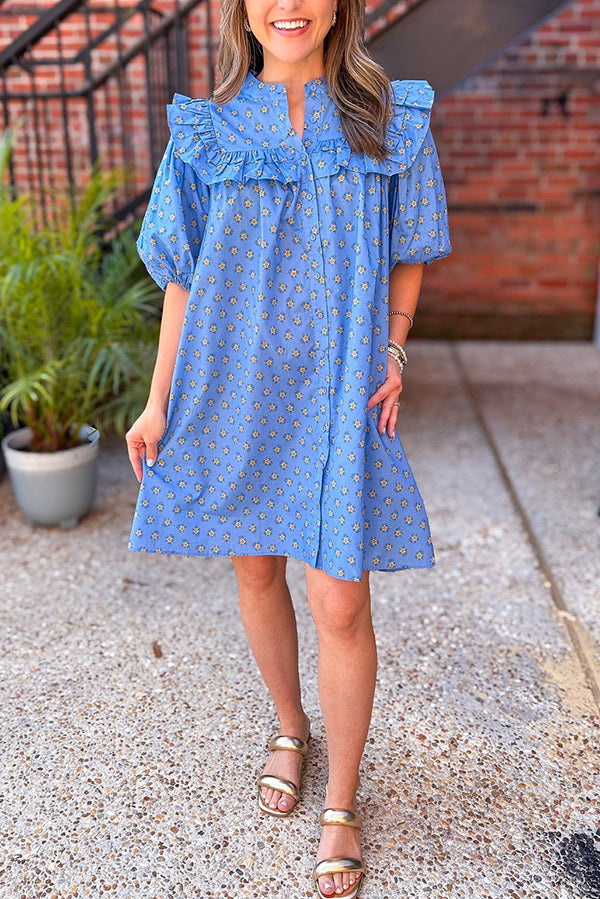 Pleated Edges Puff Sleeves Dress