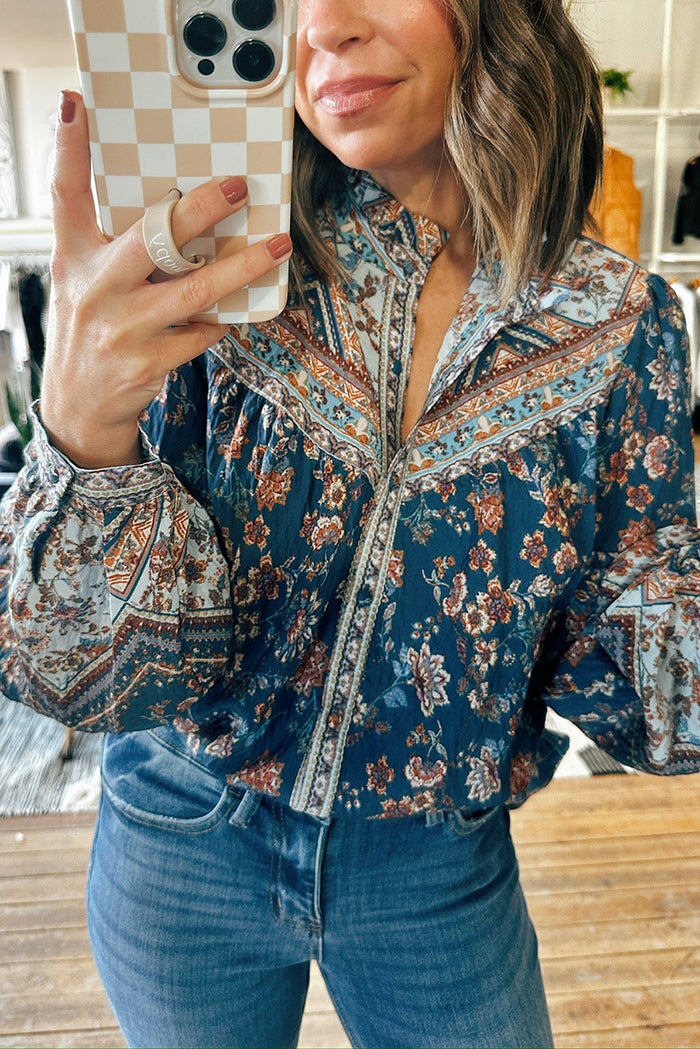 Border Print Button Down Blouse