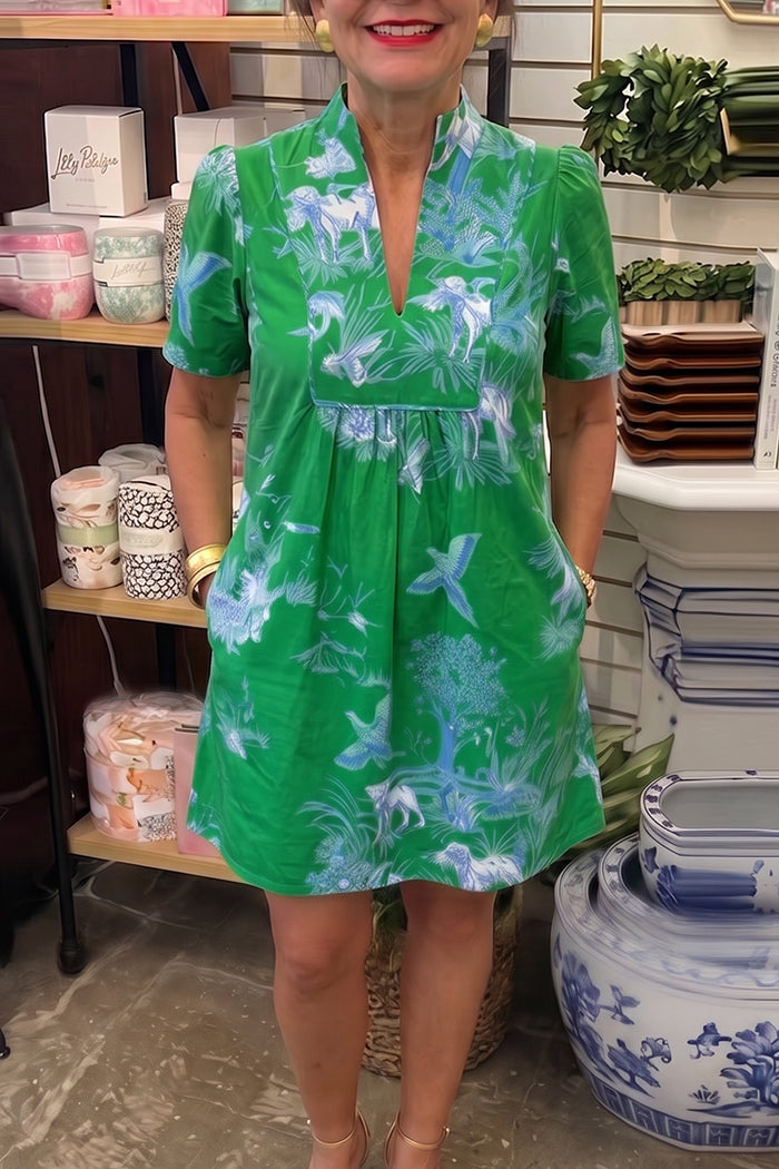Toile Print Short Sleeve Pocket Dress